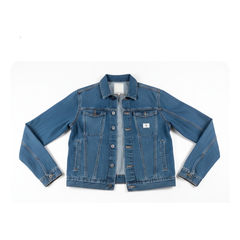 Calvin Klein Jeans Mens Medium Wash Denim Trucker Jacket Blue Size L Logo Patch